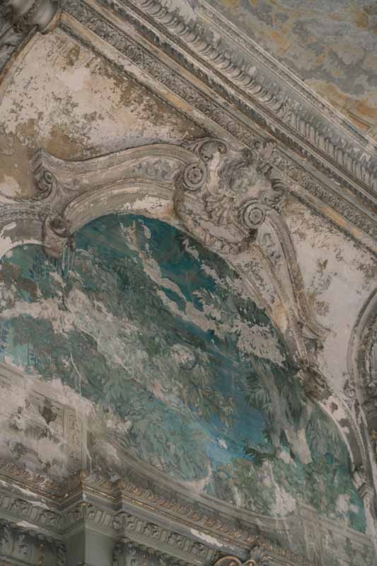Damaged wall with remnants of aqua-green plaster and mold in an abandoned room.