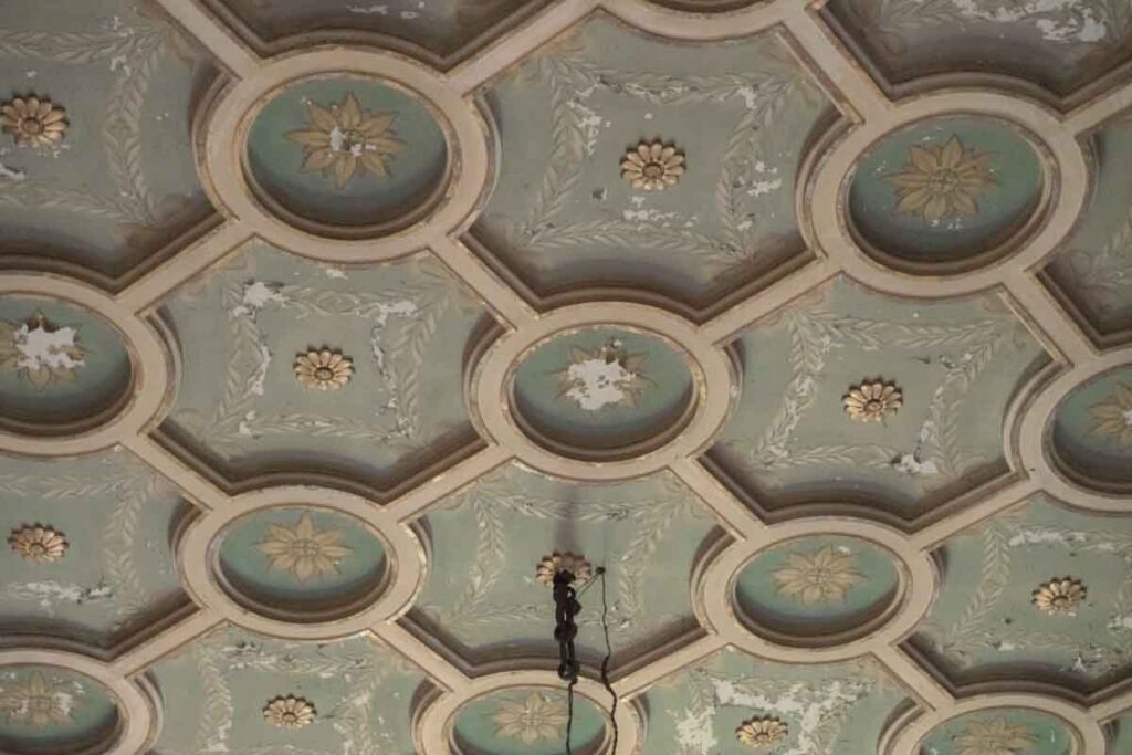 Ceiling decorated with geometric coffering and relief rosettes in an abandoned historic building.